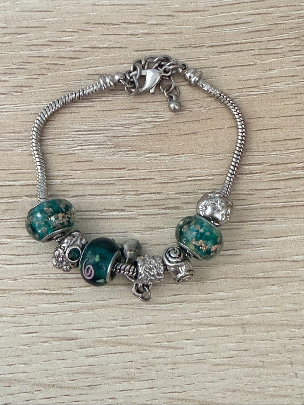 Silver Charm Bracelet with Teal Glass Beads